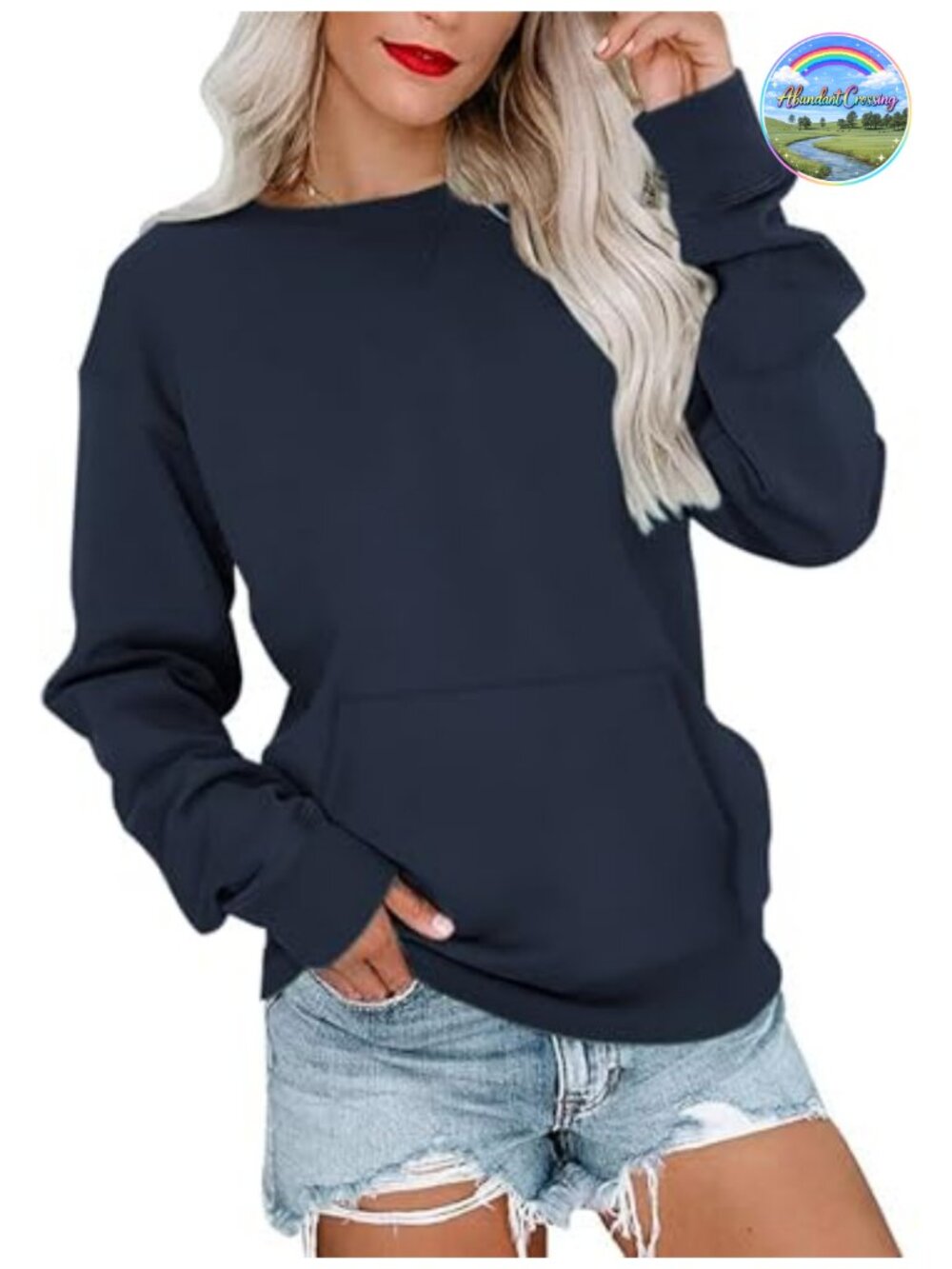 Womens Crewneck Sweatshirt Kangaroo Pocket Pullover Casual Activewear